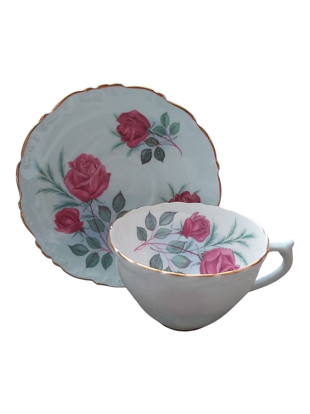 Heathcote Bone China Teacup & Saucer - Pattern 1791 Pink Roses - Scalloped Gold